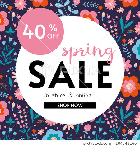 Spring sale 40 p.c. off banner template, cartoon style. Discount promotion layout poster for web or social media, advertising, leaflets and flyers. Trendy modern vector illustration, hand drawn Spring sale 40 p.c. off banner template, cartoon style. Discount promotion layout poster for web or social media, advertising, leaflets and flyers. Trendy modern vector illustration, hand drawn 104343160