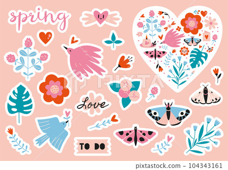 Set of stickers for planner and diaries, vector flat illustration. Cute sticker pack with spring vibe, flower, hearts, birds, butterfly. Cartoon image and lettering. Decorations for notebook. Set of stickers for planner and diaries, vector flat illustration. Cute sticker pack with spring vibe, flower, hearts, birds, butterfly. Cartoon image and lettering. Decorations for notebook. 104343161