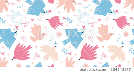 Seamless pattern with cute birds and hearts on a white background, cartoon style. Dove of peace, no war and freedom concept. Trendy modern vector illustration, hand drawn, flat 104343177