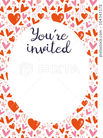 Invitation Card Template, You are invited, with heart pattern, cartoon style. Trendy modern vector illustration, hand drawn, flat Invitation Card Template, You are invited, with heart pattern, cartoon style. Trendy modern vector illustration, hand drawn, flat 104343178