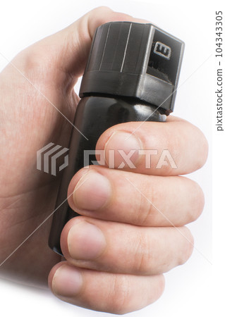 Hand with bottle of pepper spray in eyes, isolated on white background Hand with bottle of pepper spray in eyes, isolated on white background 104343305