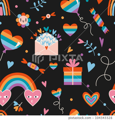 LGBT seamless pattern with cute rainbow romantic elements on a black background, cartoon style. Trendy modern vector illustration, hand drawn, flat LGBT seamless pattern with cute rainbow romantic elements on a black background, cartoon style. Trendy modern vector illustration, hand drawn, flat 104343328