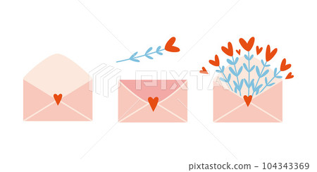 Envelopes with flowers and hearts, closed and open, empty. Love Letter, cartoon style. Mother and Valentines Day greeting. Trendy modern vector illustration isolated on white, hand drawn, flat 104343369