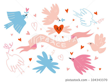 Various pigeons flying around a ribbon with inscription. Dove of peace and freedom, cartoon style. Trendy modern vector illustration isolated on white background, hand drawn, flat Various pigeons flying around a ribbon with inscription. Dove of peace and freedom, cartoon style. Trendy modern vector illustration isolated on white background, hand drawn, flat 104343370