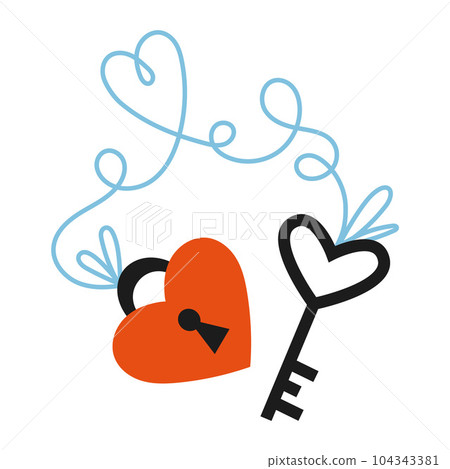 Key and lock in the shape of a heart, cartoon style. Valentine's Day concept. Trendy modern vector illustration isolated on white background, hand drawn, flat 104343381