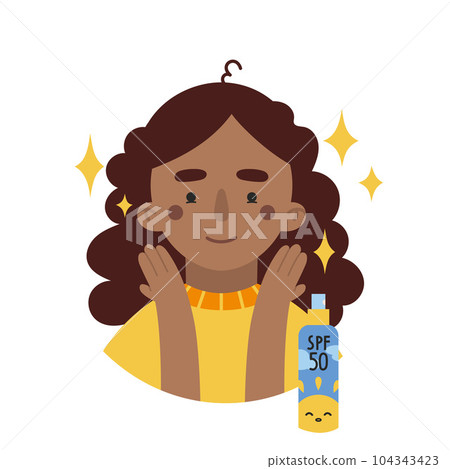 African American girl applies sunscreen, face skin care routine, cartoon style character African American girl applies sunscreen, face skin care routine, cartoon style character 104343423