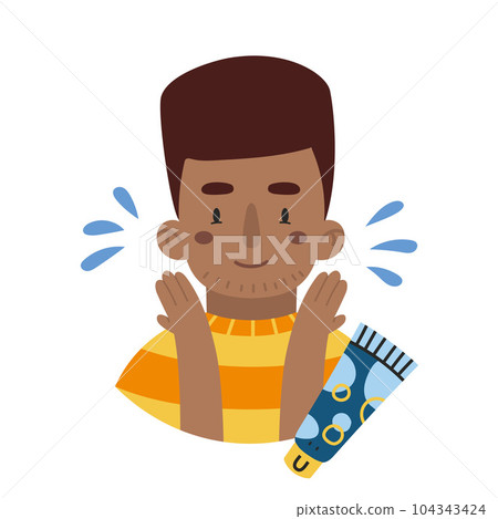 African American boy applies foam cleanser, face skin care routine, cartoon style character African American boy applies foam cleanser, face skin care routine, cartoon style character 104343424