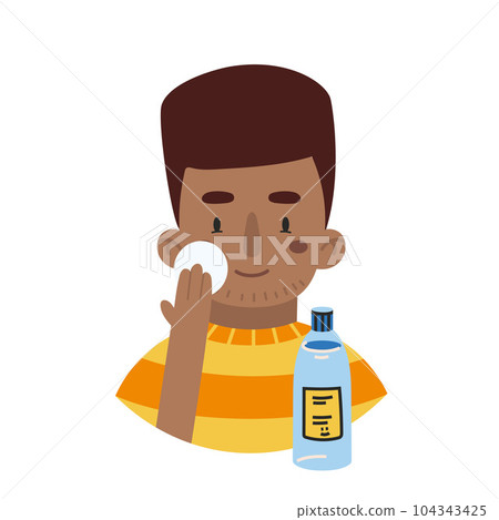 African American boy applies toner, face skin care routine, cartoon style character 104343425