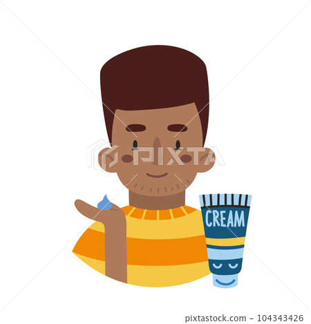 African American boy applies day or night cream, face skin care routine, cartoon style character African American boy applies day or night cream, face skin care routine, cartoon style character 104343426