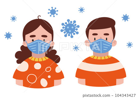 Boy and girl with mask. Children in medical masks for protect disease, flu, smog and covid-19. 104343427