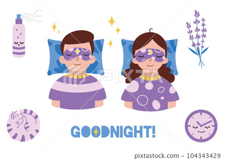 Sleep boy and girl in bed with sleeping mask. Help for falling asleep concept. Sleep boy and girl in bed with sleeping mask. Help for falling asleep concept. 104343429