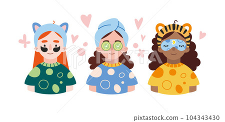 Multi ethnic women apply skincare products. Diverse girl with cute animal ears, towel, eye patches, sleep mask, cucumber mask. 104343430