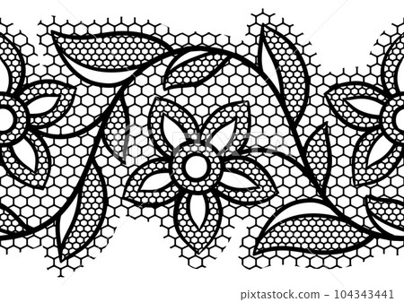 Lace floral pattern. Seamless border with flowers and leaves. Embroidery handmade decoration. 104343441