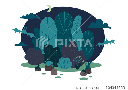 Nature scene forest and trees at night, cartoon style. Halloween background with bats and moon. Nature scene forest and trees at night, cartoon style. Halloween background with bats and moon. 104343533