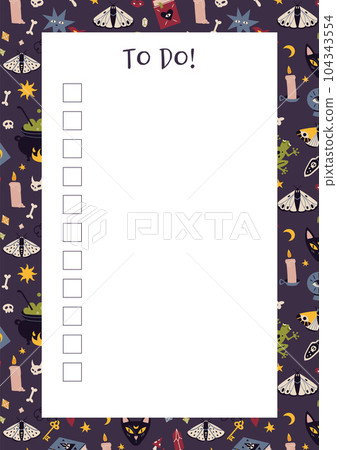 Cute to do list template, with magic occult things, Witchcraft, cartoon style. Printable A4 paper for bullet journal page. Trendy modern vector illustration, hand drawn, flat 104343554
