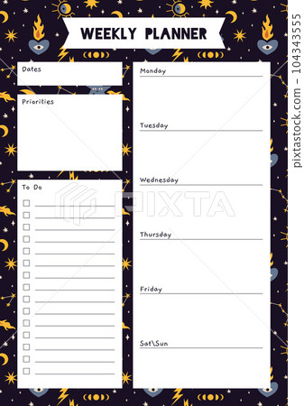 Cute weekly planner template, to do list, with Sun and moon, constellations, cartoon style. Space and astrological theme, zodiac. Trendy modern vector illustration, hand drawn, flat 104343555