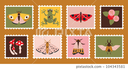 Set of cute hand-drawn post stamps with butterflies, mushrooms, moth, frog. Trendy modern vector illustartions in Cartoon Flat design. Mail and post office drawing. Cottagecore aesthetics. 104343581