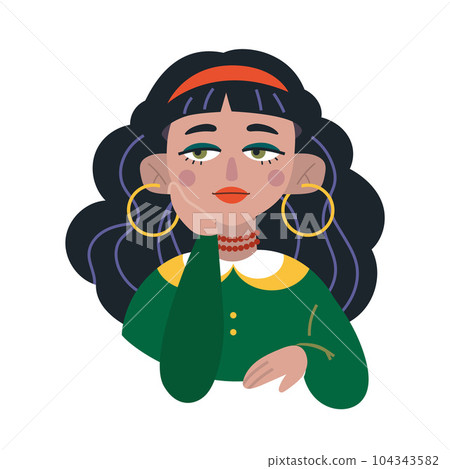 Thoughtful gypsy girl avatar, cartoon style. Trendy modern vector illustration isolated on white background, hand drawn 104343582