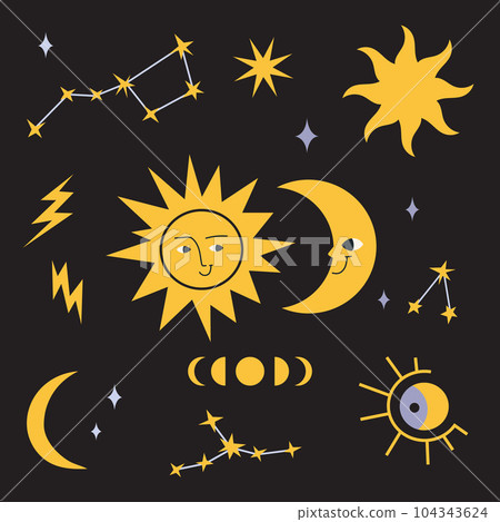 Sun and moon, constellations, phases of the moon, cartoon style. Cute character. Trendy modern vector illustration, hand drawn Sun and moon, constellations, phases of the moon, cartoon style. Cute character. Trendy modern vector illustration, hand drawn 104343624