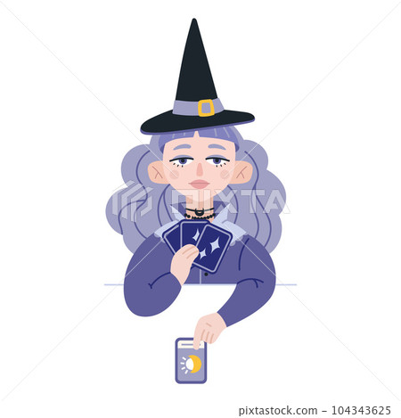 Beauty Fortune tellers, cartoon style. Young witch girl lays out tarot cards on table. Witchcraft and supernatural powers.Trendy modern vector illustration isolated on white background Beauty Fortune tellers, cartoon style. Young witch girl lays out tarot cards on table. Witchcraft and supernatural powers.Trendy modern vector illustration isolated on white background 104343625