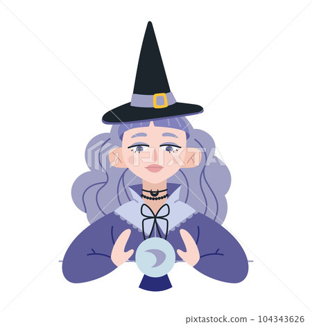 Fortune tellers, cartoon style. Witch girl are telling the future by crystal ball. Witchcraft and supernatural powers. Trendy modern vector illustration isolated on white, hand drawn Fortune tellers, cartoon style. Witch girl are telling the future by crystal ball. Witchcraft and supernatural powers. Trendy modern vector illustration isolated on white, hand drawn 104343626