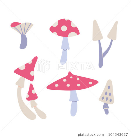 Poisonous mushrooms, toadstools, fly agaric, cartoon style. Trendy modern vector illustration isolated on white background, hand drawn Poisonous mushrooms, toadstools, fly agaric, cartoon style. Trendy modern vector illustration isolated on white background, hand drawn 104343627