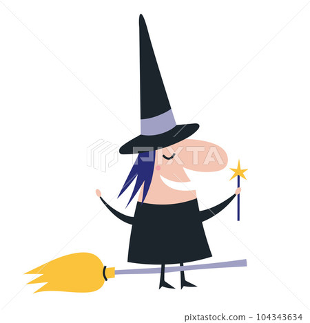 Witch flying on a broomstick, cartoon style. Helloween and magic concept. Trendy modern vector illustration isolated on white background, hand drawn Witch flying on a broomstick, cartoon style. Helloween and magic concept. Trendy modern vector illustration isolated on white background, hand drawn 104343634