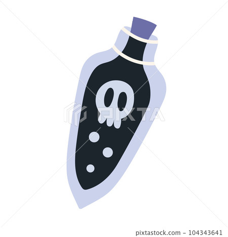 Potion magic elixir bottle with skull, cartoon style. Glass bottle with poisonous liquid. Trendy modern vector illustration, hand drawn Potion magic elixir bottle with skull, cartoon style. Glass bottle with poisonous liquid. Trendy modern vector illustration, hand drawn 104343641