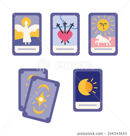 Magic tarot cards, cartoon style. Fortune-telling and prediction, art for witch, astrology. Trendy modern vector illustration isolated on white background, hand drawn Magic tarot cards, cartoon style. Fortune-telling and prediction, art for witch, astrology. Trendy modern vector illustration isolated on white background, hand drawn 104343643