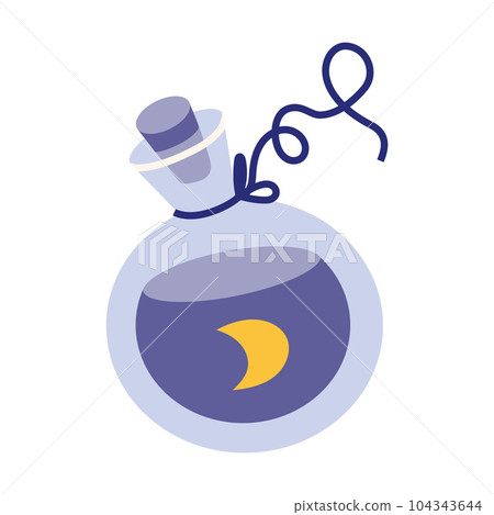 Potion magic elixir bottle with moon, cartoon style. Glass bottle with sleeping liquid. Trendy modern vector illustration, hand drawn Potion magic elixir bottle with moon, cartoon style. Glass bottle with sleeping liquid. Trendy modern vector illustration, hand drawn 104343644
