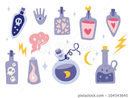 Potion magic elixir bottles set, cartoon style. Glass bottles with liquid. Trendy modern vector illustration, hand drawn Potion magic elixir bottles set, cartoon style. Glass bottles with liquid. Trendy modern vector illustration, hand drawn 104343645
