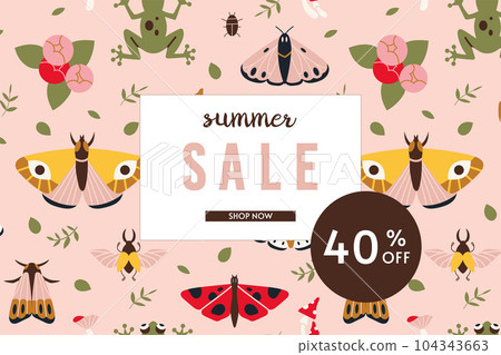Summer sale 40% off banner template, cartoon style. Discount promotion layout poster for web or social media, advertising, leaflets and flyers. Trendy vector illustration, hand drawn, flat. 104343663