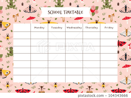 Cute school timetable with summer vibe, moth, mushrooms, plants, cartoon style. Lesson schedule for 5 days. Cottagecore aesthetics. Trendy modern vector illustration, hand drawn, flat. 104343666