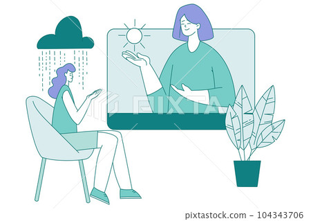 Mental Healthcare with Woman Having Psychotherapy with Rainy Cloud Vector Illustration 104343706