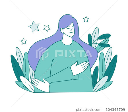 Mental Health with Woman Character Feeling Happiness and Harmony Vector Illustration Mental Health with Woman Character Feeling Happiness and Harmony Vector Illustration 104343709