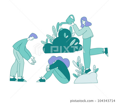 Mental Healthcare with People Consoling Woman Sitting Under Cloud Vector Illustration 104343714
