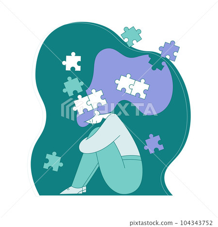 Young Woman Sitting with Jigsaw Puzzle Suffering from Mental Disorder Vector Illustration 104343752