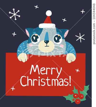 Christmas and New Year holiday vector stock illustration with cute cat and snow. Christmas and New Year holiday vector stock illustration with cute cat and snow. 104344048