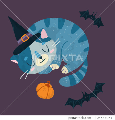 Helloween vector stock illustration with cute cat in a witch hat, bats and pumpkin 104344064