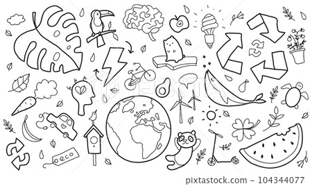 Hand drawn vector illustration of a set of ecology concepts, designs, and icons in doodle style. 104344077