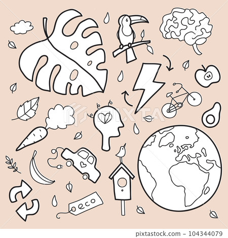 Hand drawn vector illustration of a set of ecology concepts, designs, and icons in doodle style. 104344079