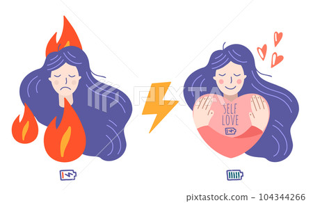 Occupational burnout syndrome and mental health prevention, recovery. Stressful girl and happy girl. Occupational burnout syndrome and mental health prevention, recovery. Stressful girl and happy girl. 104344266