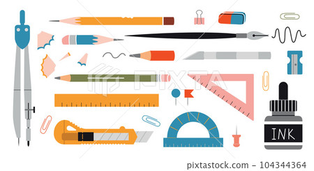 Drawing and graphics tools set, cartoon style. Mechanical drawing supplies like compasses, ruler and pencils. Trendy modern vector illustration isolated on white, hand drawn, flat design Drawing and graphics tools set, cartoon style. Mechanical drawing supplies like compasses, ruler and pencils. Trendy modern vector illustration isolated on white, hand drawn, flat design 104344364