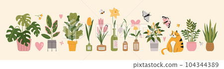 Set with Houseplants, bottled flowers, cat and butterflies, cartoon style. Urban Cozy home. Trendy modern isolated vector illustration, hand drawn, flat Set with Houseplants, bottled flowers, cat and butterflies, cartoon style. Urban Cozy home. Trendy modern isolated vector illustration, hand drawn, flat 104344389