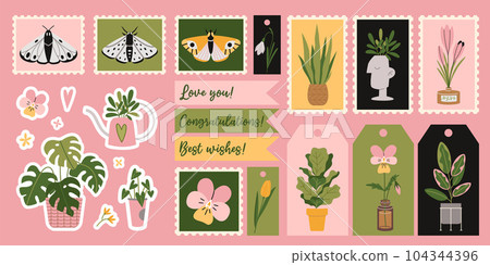 Decorative set with Houseplants, flowers and nature elements, cartoon style. Labels, postage stamps and stickers for decoration of the holiday. Trendy vector illustration, flat design Decorative set with Houseplants, flowers and nature elements, cartoon style. Labels, postage stamps and stickers for decoration of the holiday. Trendy vector illustration, flat design 104344396