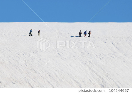 Tourists walking on the ice, Paradise bay, Antartic Peninsula. 104344667