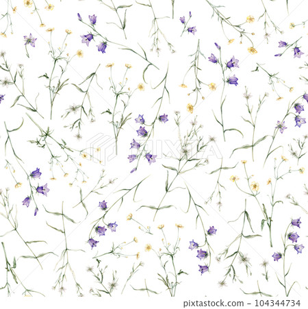 Watercolor floral seamless pattern in vintage rustic style, colored garden, hand painting print with meadow flowers, leaves and plants, design texture. Bluebell, buttercup, stellaria holostea. 104344734