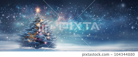 Blue winter background with Christmas tree. Illustration AI Generative 104344880
