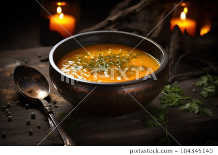 Rustic photo of pumpkin soup. Illustration AI Generative 104345140