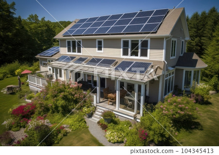 Solar panels on roof of the house renewable energy . Generative AI 104345413